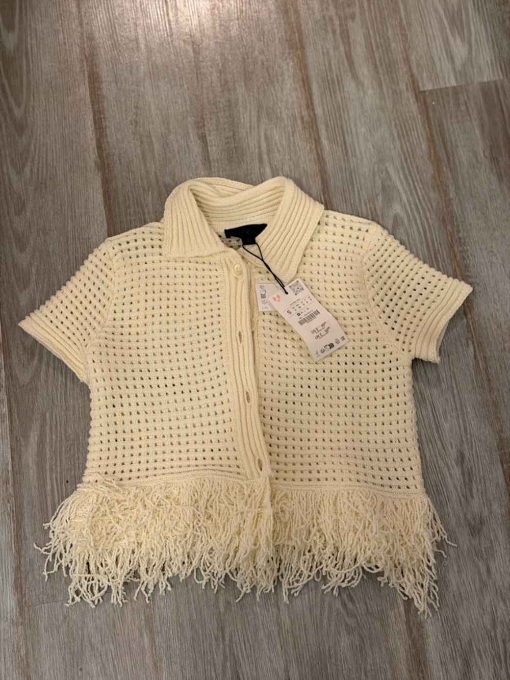 Zara Cream Crochet Button-Down Top with Fringe 4331/023/712